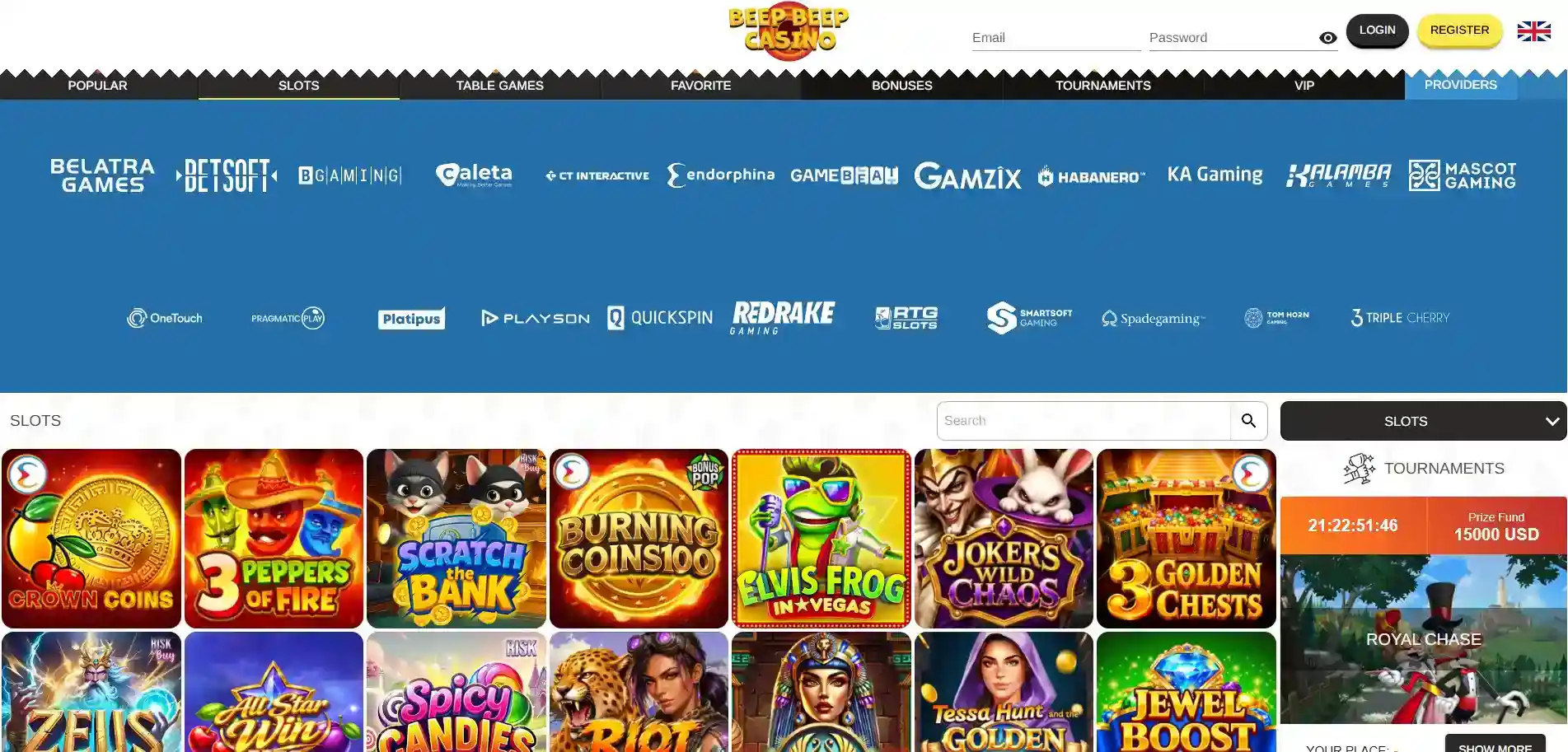BeepBeep pokies lobby showing slot tiles and game browsing options