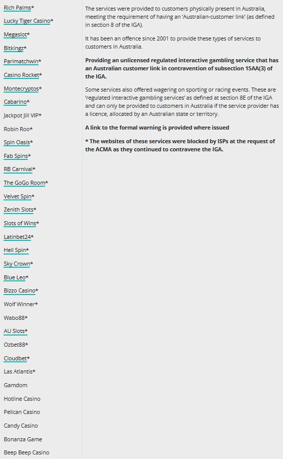 ACMA investigations table listing Beep Beep Casino among prohibited interactive gambling services with an Australian customer link