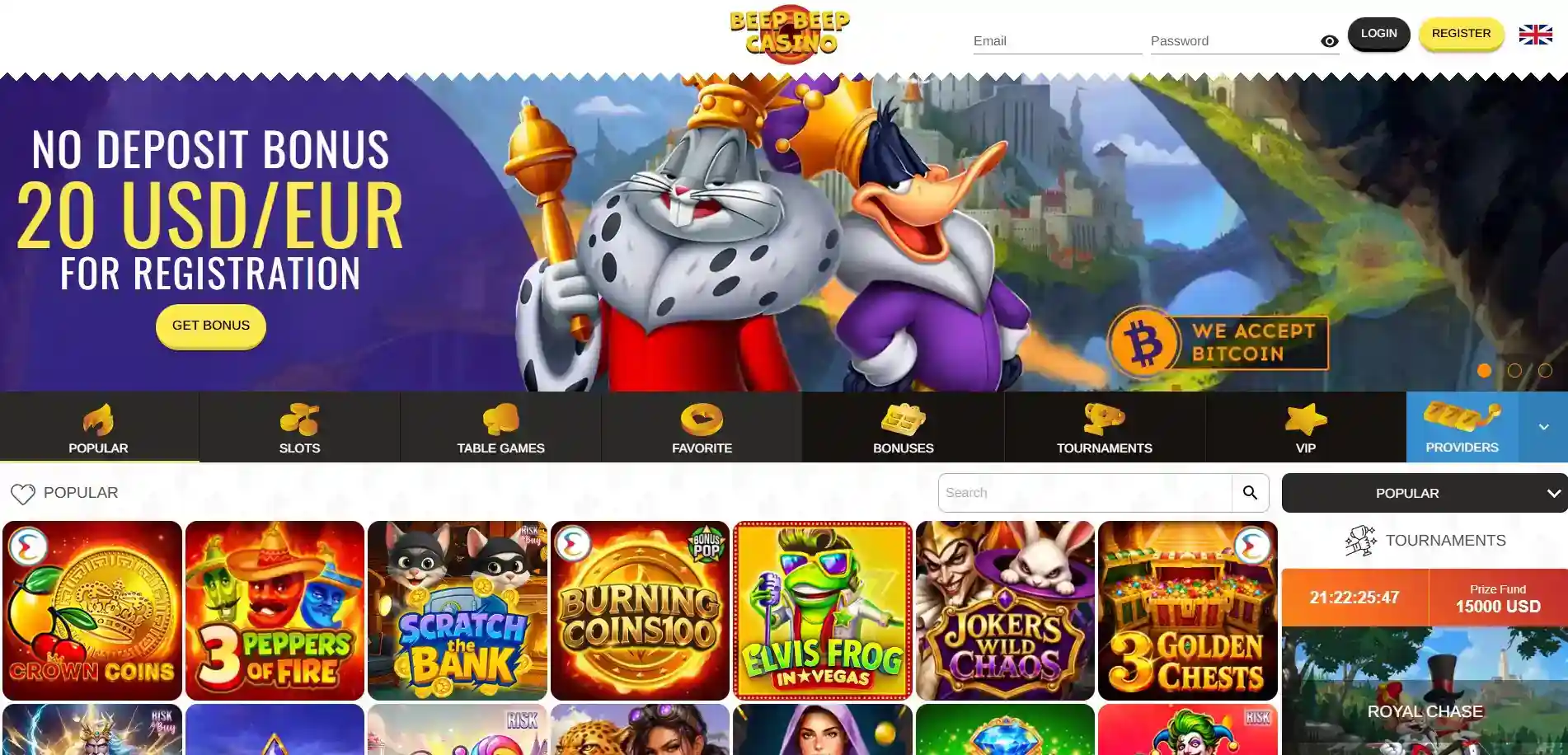 BeepBeepCasino homepage with the main casino navigation visible