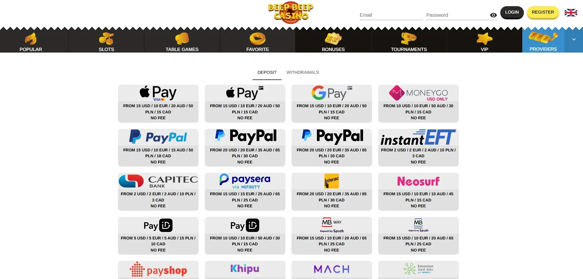 BeepBeepCasino payments page showing AUD deposit and withdrawal values